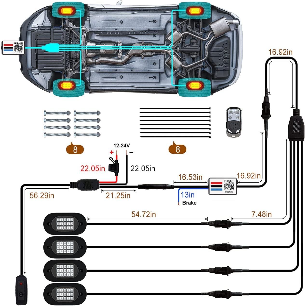 Set 4 lumini ambientale auto LED RGB, control prin aplicatie si telecomanda, sincronizare muzica, aprindere la franare, impermeabile IP68, pentru SUV offroad, camioneta, ATV, motocicleta, carenaj auto