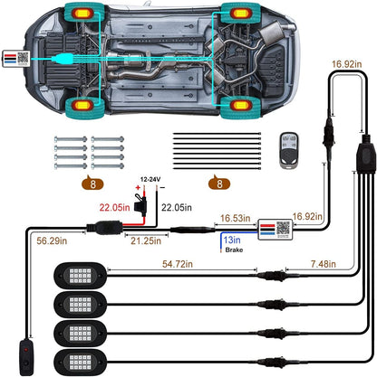Set 4 lumini ambientale auto LED RGB, control prin aplicatie si telecomanda, sincronizare muzica, aprindere la franare, impermeabile IP68, pentru SUV offroad, camioneta, ATV, motocicleta, carenaj auto
