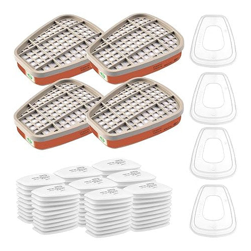 Set filtre masca 3M, 4 filtre A1 6001, 80 de filtre P1 5N11CN din bumbac, 4 capace plastic, cu rezistenta la particule de gaz, fum, vapori de vopsea si noxe, grad de filtrare KN95, filtre 3M pentru masca 6000, 7501, FF402, 6200, 7502, 6800