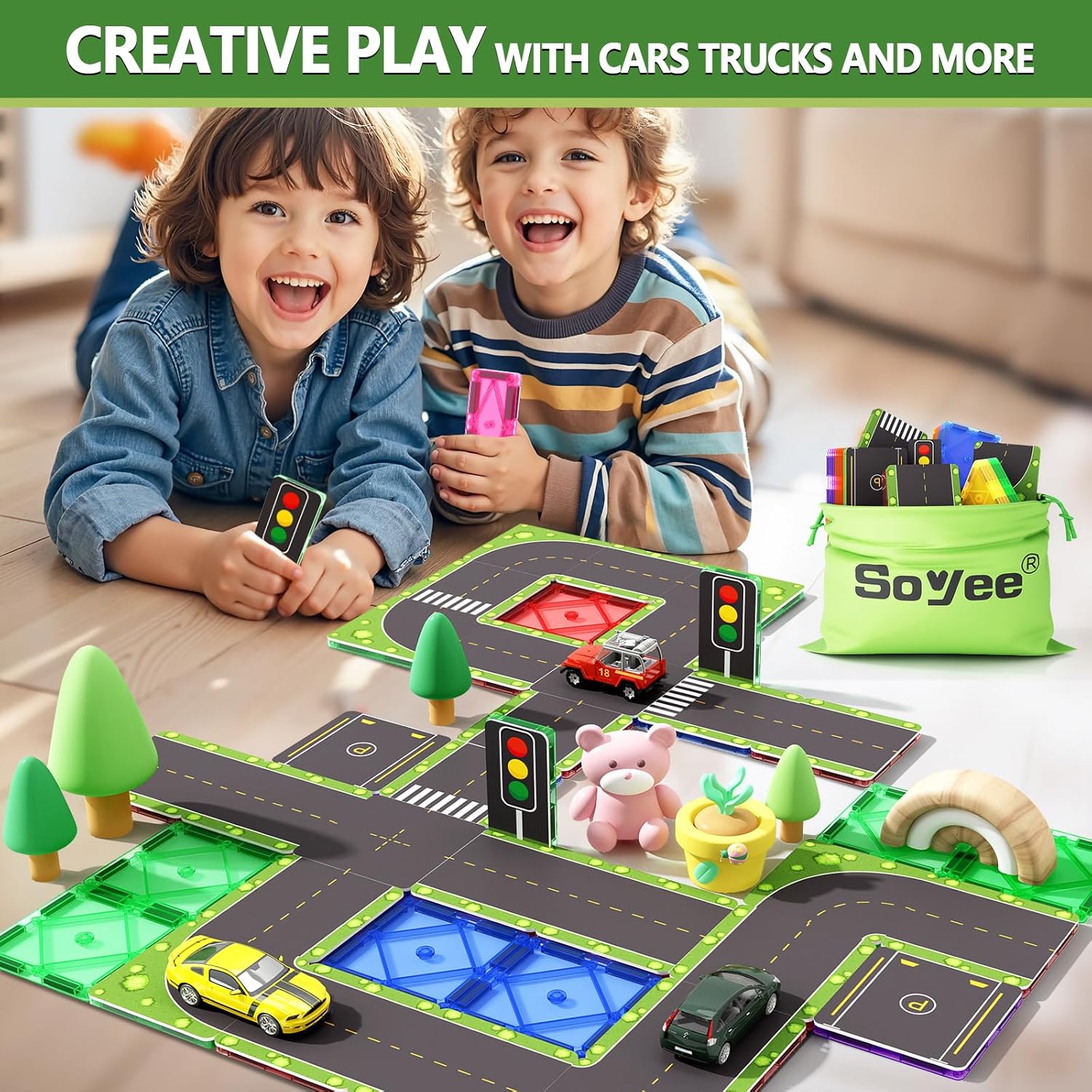 Set de constructie magnetic 3D, Road Toppers, 56 piese, Magnetic Tiles, jucarie educativa si creativa, multicolora, compatibil cu alte seturi 3D, pentru copii +3 ani