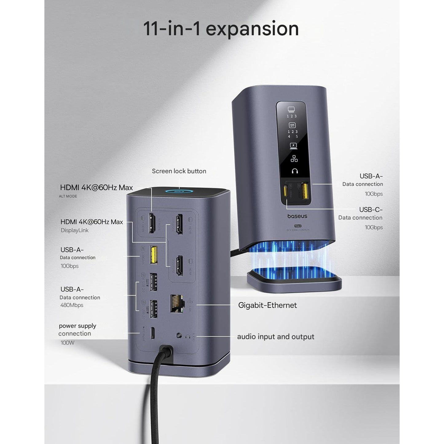 Statie de andocare 11 in 1, extindere la 3 monitoare 4K, 3 x HDMI 4K, Displaylink, 3 x USB-A, 2 x USB-C, 1 x Ethernet RJ-45 1GBPS, 1 x AUX, pentru MacBook M1/M2/M3 si Windows, cu buton blocare ecran si baza magnetica
