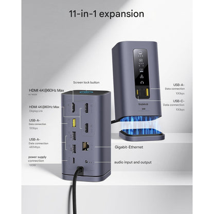 Statie de andocare 11 in 1, extindere la 3 monitoare 4K, 3 x HDMI 4K, Displaylink, 3 x USB-A, 2 x USB-C, 1 x Ethernet RJ-45 1GBPS, 1 x AUX, pentru MacBook M1/M2/M3 si Windows, cu buton blocare ecran si baza magnetica