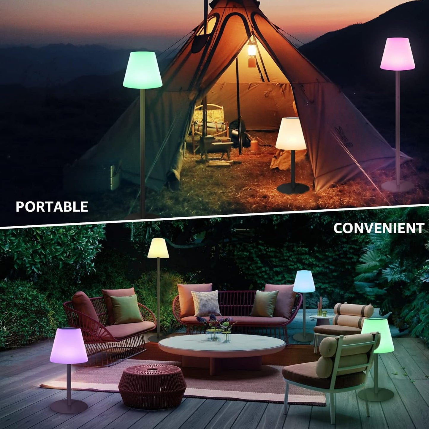 Lampa de podea solara LED RGB, inaltime reglabila, impermeabila IP44, cu telecomanda, incarcare duala USB si panou solar, cu baza metalica, pentru interior/exterior