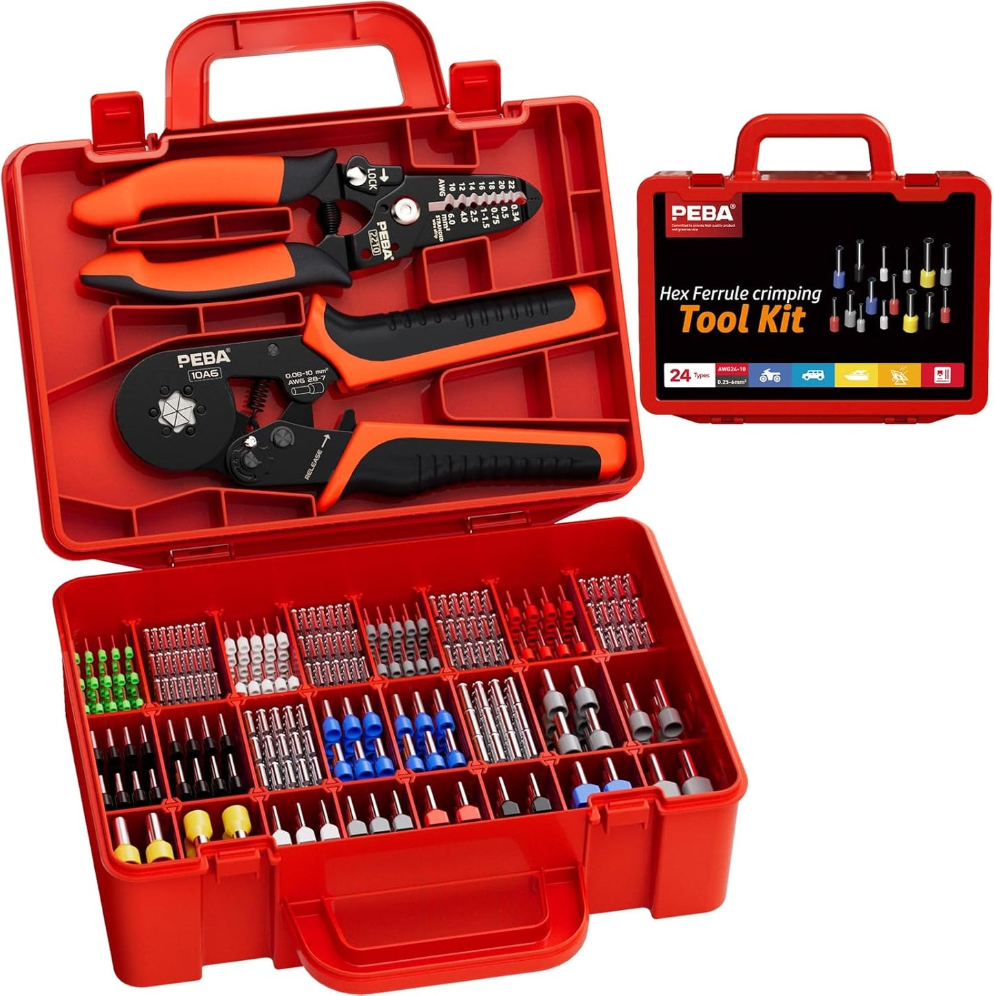 Set cleste sertizare, 24 tipuri conectori de lungimi diferite, cleste sertizare hexagonal 0,08-10,0 mm², cu cleste dezizolare 0,25-6 mm², in cutie pentru depozitare si transport