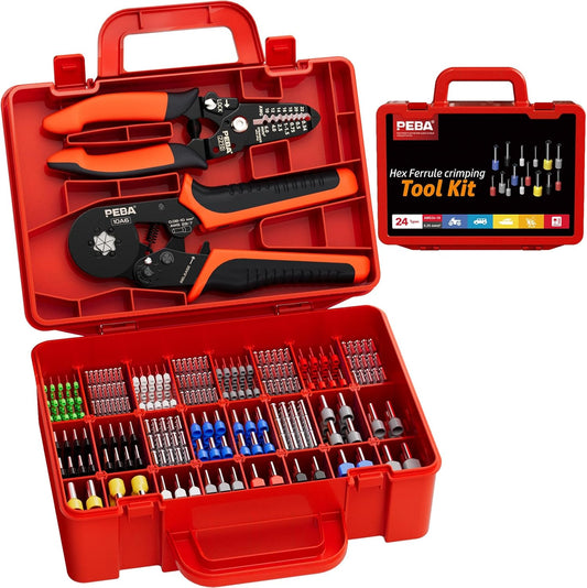 Set cleste sertizare, 24 tipuri conectori de lungimi diferite, cleste sertizare hexagonal 0,08-10,0 mm², cu cleste dezizolare 0,25-6 mm², in cutie pentru depozitare si transport
