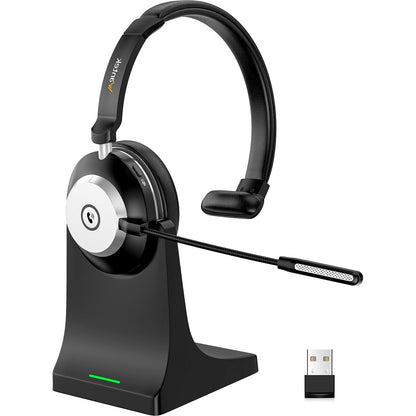 Casca Call Center Bluetooth 5.2 cu stativ de incarcare, microfon cu anulare zgomot rotativ 270°, dongle USB, buton mute, timp functionare 45h, pentru PC si smartphone, negru