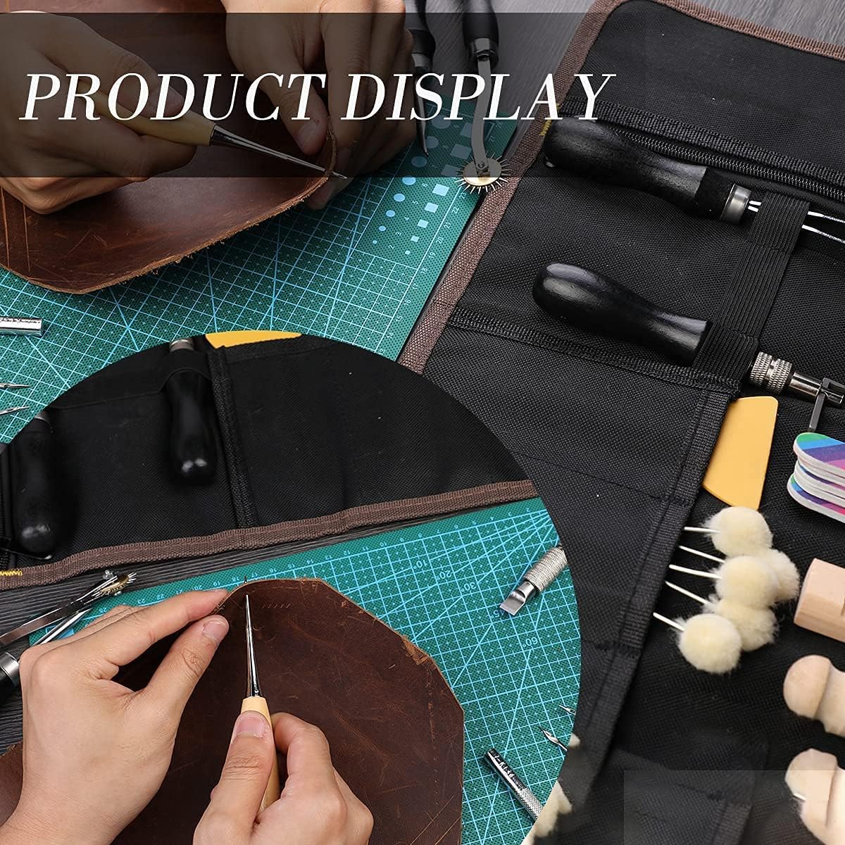 Set unelte prelucrare piele, 328 piese, cu scule modelaj, perforatori, ata pentru pielarie, ace de cusut, stampile, capse, placa de taiere, instrumente de bricolaj si marochinarie cu husa de depozitare si transport
