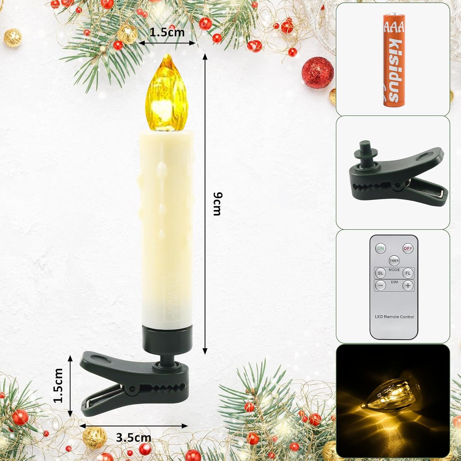 Set 30 lumanari wireless LED cu telecomanda, 1.5 x 9 cm, luminozitate reglabila, temporizator, pentru brad, cu baterii incluse