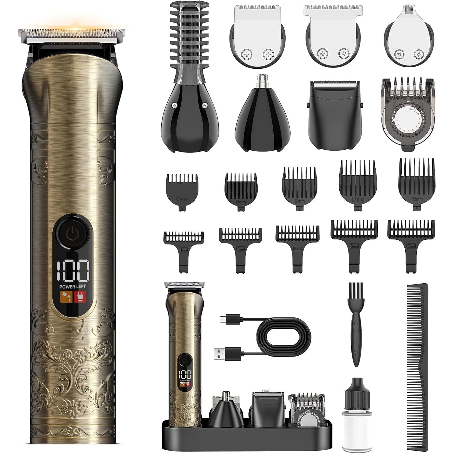 Aparat de tuns par si barba 17 in 1 pentru barbati, cu display LCD, IPX 7 rezistent la apa, lame T-Blade precizie, Trimmer nas si urechi, incarcare USB-C, accesorii multiple pentru par, barba si corp