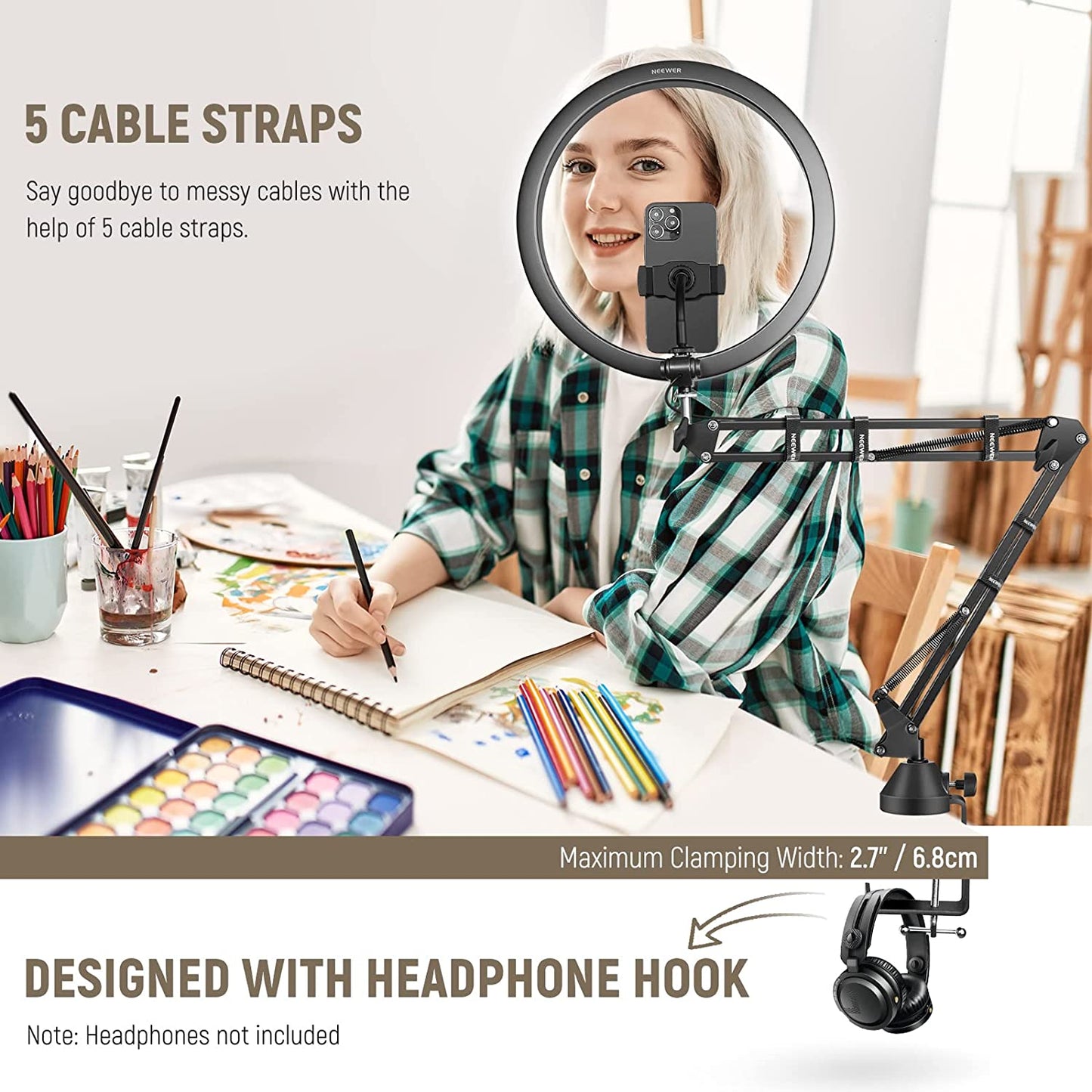 Ring Light LED cu trepied si brat cu menghina,Lampa circulara cu suport smartphone, telecomanda, montura cap tip bila, adaptor de la 5/8" la 3/8" si adaptor de la 1/4" la 5/8", pentru machiaj, vlog, streaming, inregistrare video