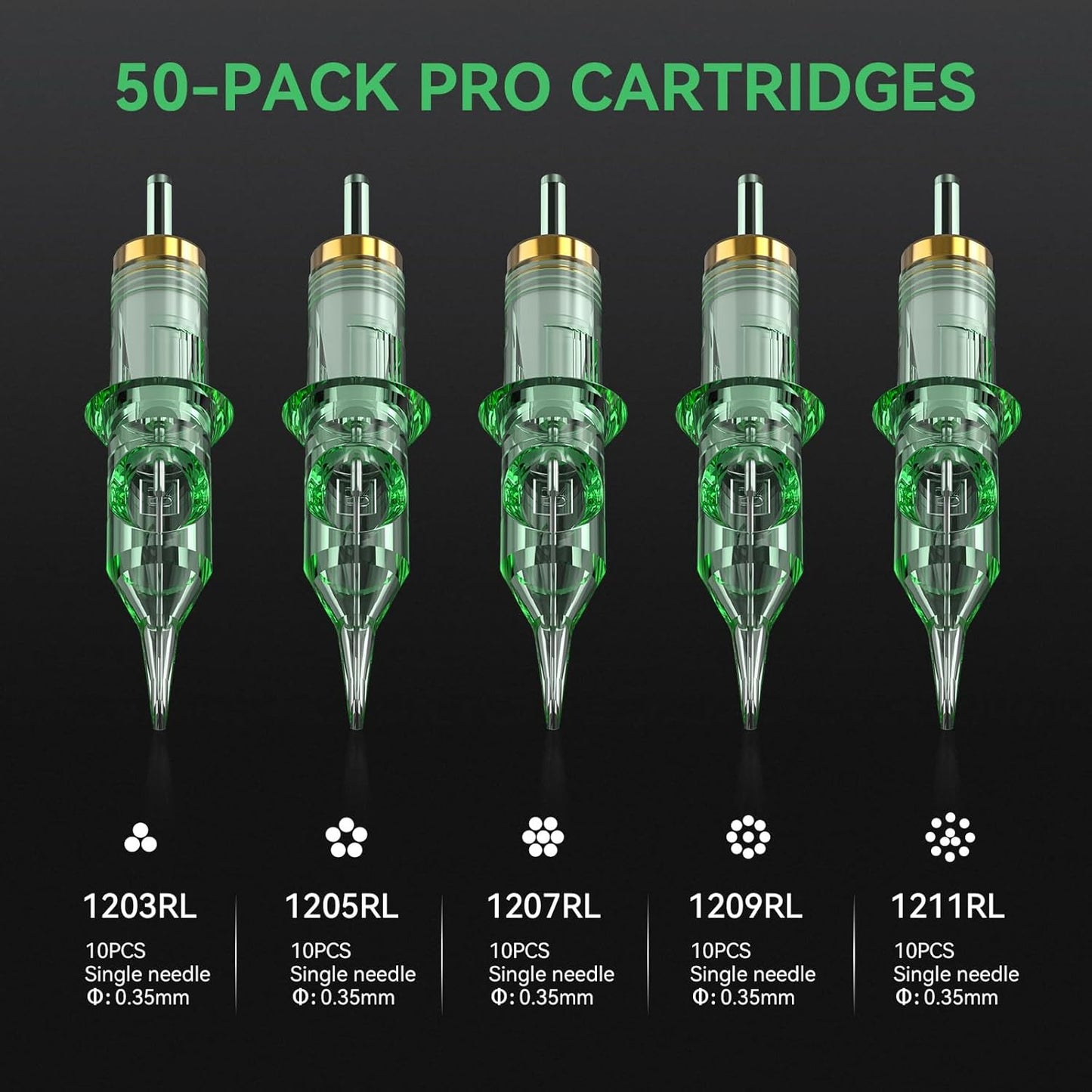 Set 50 ace tatuaj tip cartus 3RL 5RL 7RL 9RL 11RL, pentru tatuaj, ambalate individual, pentru linii, contur, umplere