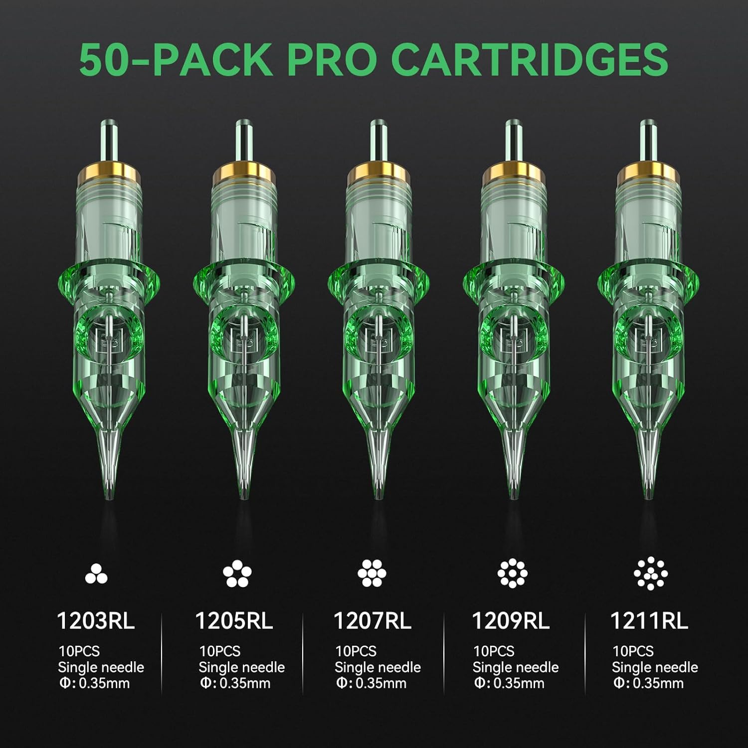 Set 50 ace tatuaj tip cartus 3RL 5RL 7RL 9RL 11RL, pentru tatuaj, ambalate individual, pentru linii, contur, umplere