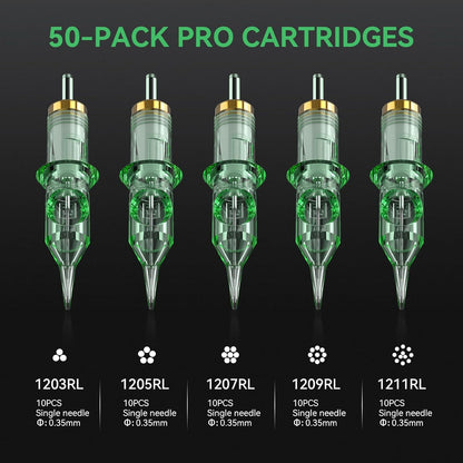 Set 50 ace tatuaj tip cartus 3RL 5RL 7RL 9RL 11RL, pentru tatuaj, ambalate individual, pentru linii, contur, umplere
