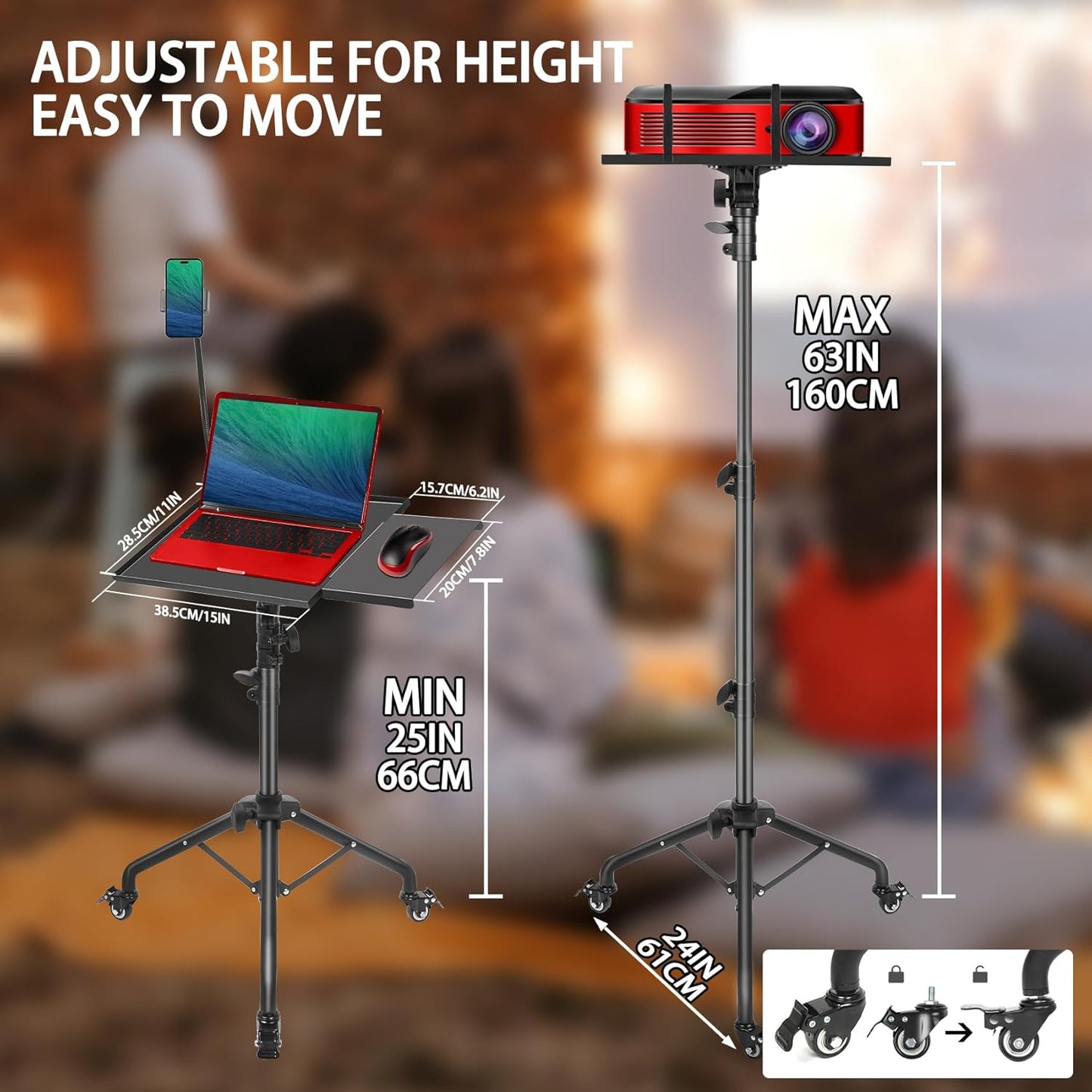 Suport mobil pentru videoproiector/laptop, stand cu inaltime reglabila 66-160 cm, suport smartphone, capacitate 10 kg, din metal, tava rotativa 360°, pentru proiector, tableta, mixer, laptop, partitura, negru