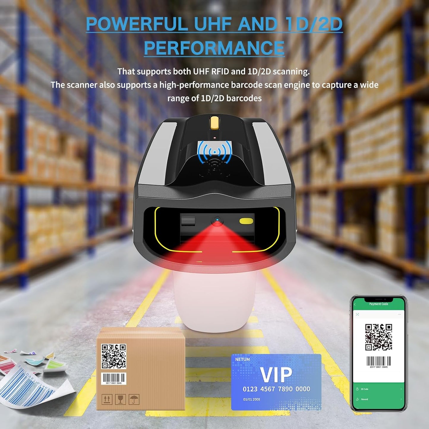 Cititor coduri de bare 1D, 2D, QR Wireless, UHF RFID, conexiune Bluetooth si 2.4 Ghz, 50 m raza de actiune, cu statie de incarcare, compatibil PC, smartphone, tableta
