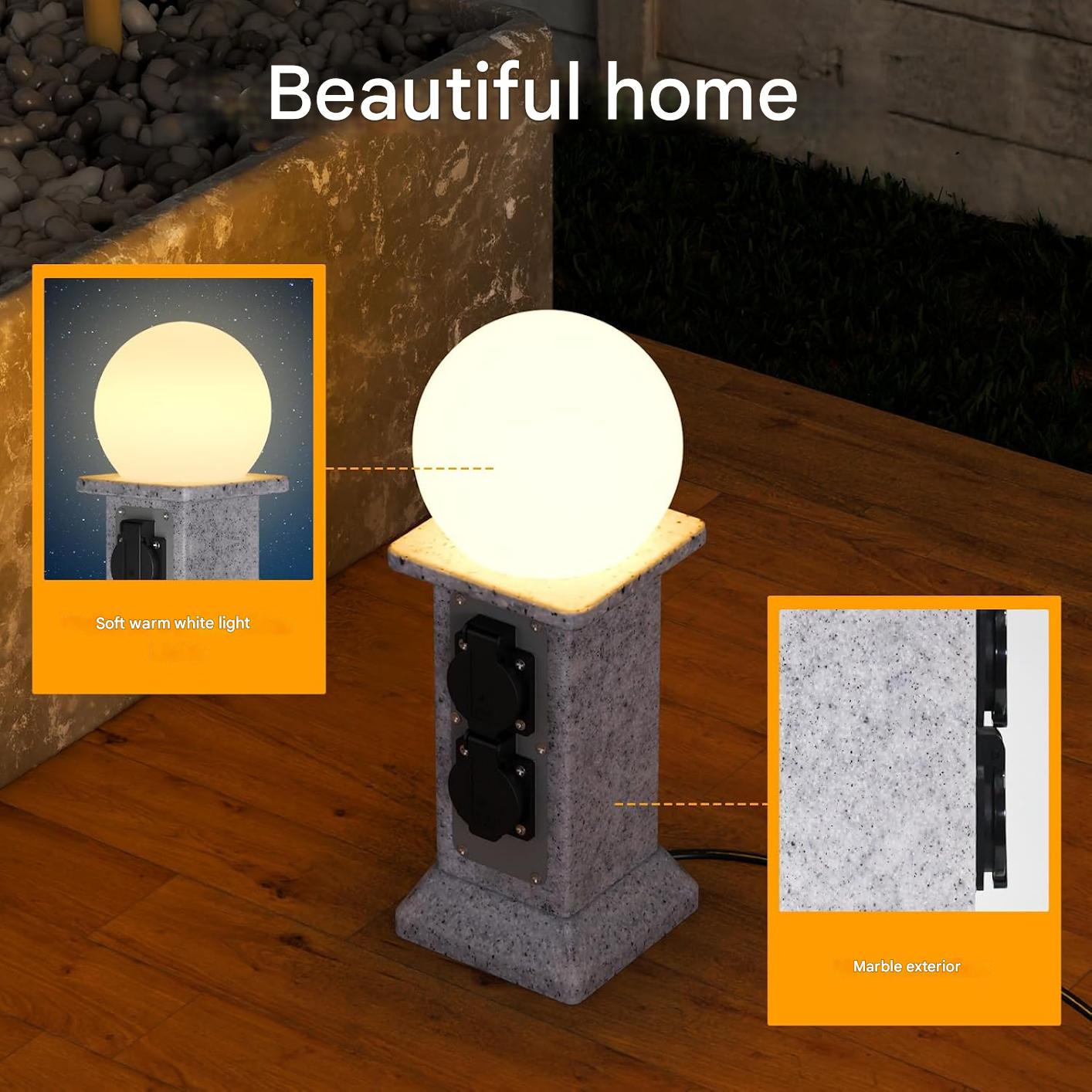 Priza de exterior decorativa, prelungitor cu 4 prize si lampa de gradina LED cu senzor de lumina, cablu de 3 m, impermeabil IP 44, priza de gradina 230V 16A cu aspect stalp de marmura