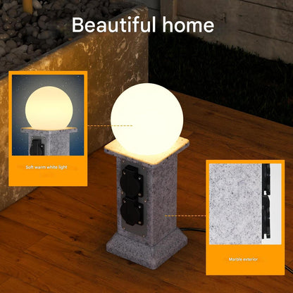 Priza de exterior decorativa, prelungitor cu 4 prize si lampa de gradina LED cu senzor de lumina, cablu de 3 m, impermeabil IP 44, priza de gradina 230V 16A cu aspect stalp de marmura