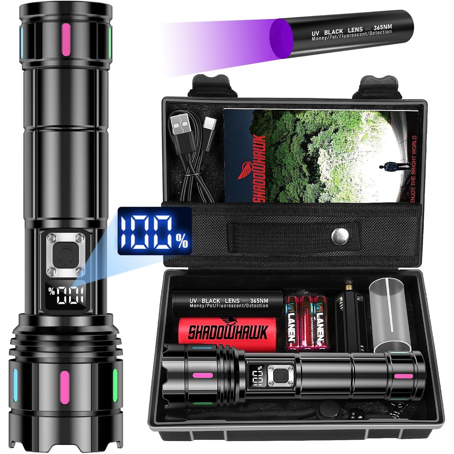 Lanterna LED reincarcabila Shadowhawk S1618, 500.000 lumeni, XHP90.2 30W, zoom 1 km, 5 moduri, afisaj LCD baterie, IP67, USB-C, autonomie 12h, corp aluminiu, set cu mini lanterna UV 365 nm, baterie si accesorii camping/drumetii