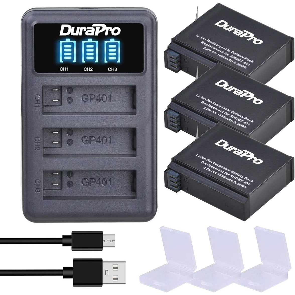 Set 3 acumulatori compatibili GoPro Hero 4, AHDBT-401 1680 mAh si incarcator USB LED cu 3 canale si afisaj LED, pentru camera de actiune