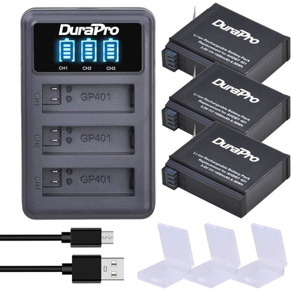Set 3 acumulatori compatibili GoPro Hero 4, AHDBT-401 1680 mAh si incarcator USB LED cu 3 canale si afisaj LED, pentru camera de actiune