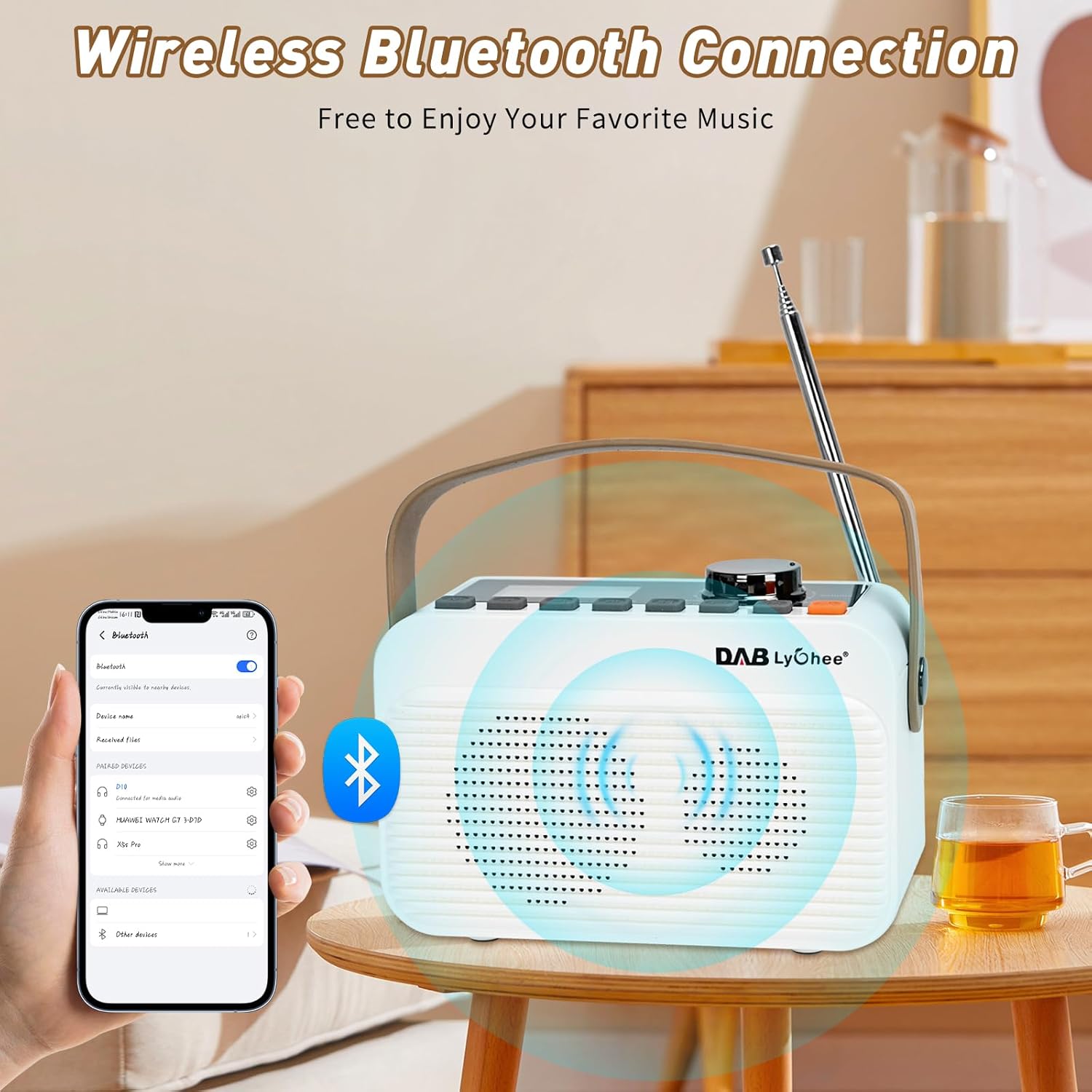 Radio portabil DAB/DAB+ & FM, Bluetooth 5.0, baterie reincarcabila 4000 mAh, afisaj LED, redare USB & card TF, Jack casti 3.5 mm, functie alarma, design compact cu curea, alb-crem