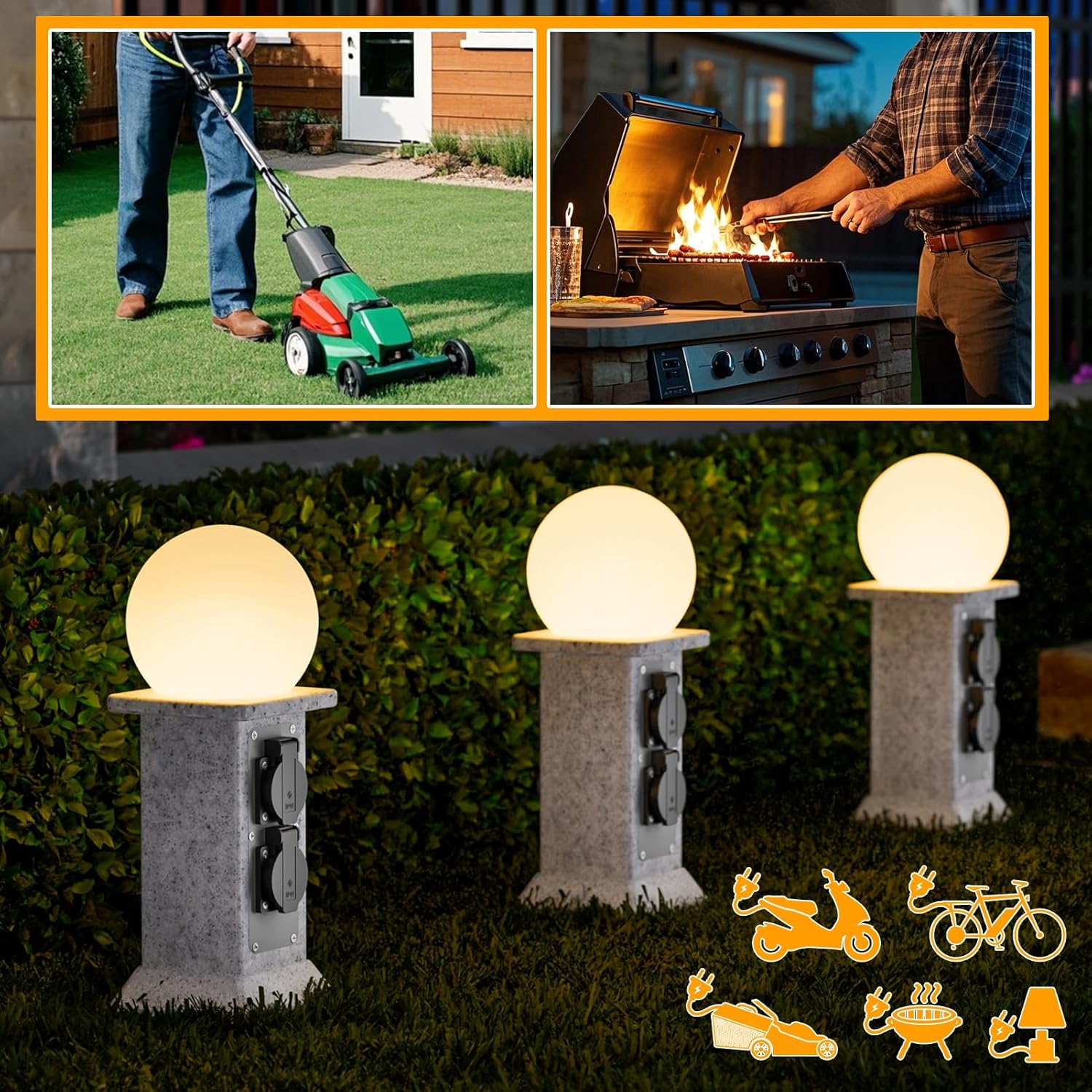 Priza de exterior decorativa, prelungitor cu 4 prize si lampa de gradina LED cu senzor de lumina, cablu de 3 m, impermeabil IP 44, priza de gradina 230V 16A cu aspect stalp de marmura