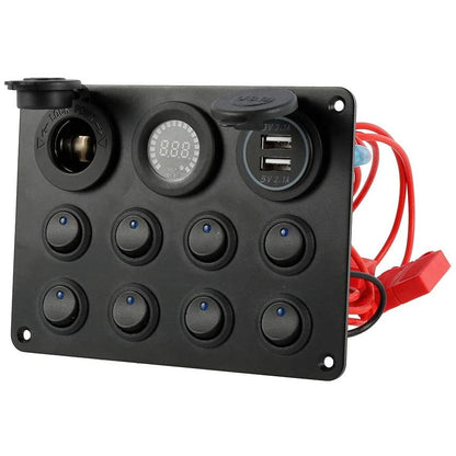 Panou cu voltmetru si 8 intrerupatoare , priza cu 2 USB , butoane luminoase , priza auto 12 V 24V , pentru masina , camion , barca , rulota , iaht