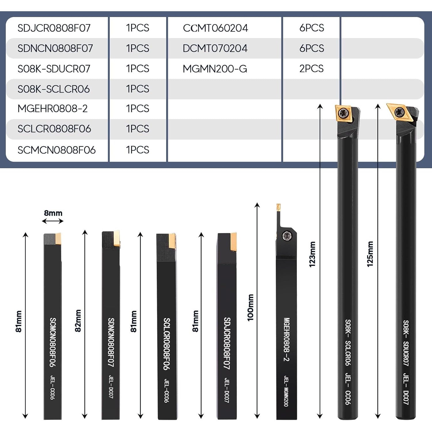 Set scule de strunjire Donken 28, 7 suporturi scule rotative 8 mm cu 14 placute carbura si 7 chei, suport tija burghiu, precizie ridicata