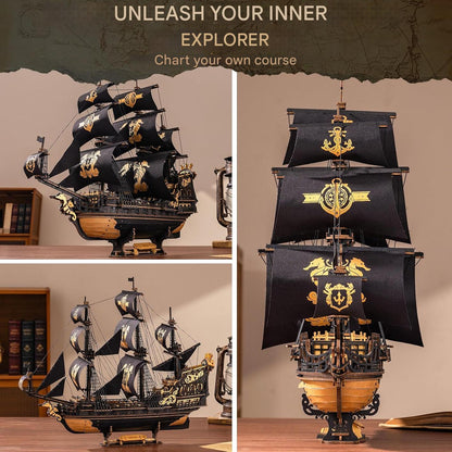 Puzzle 3D din lemn, model de barca cu panze si calut de mare, kit de constructie pentru adulti, decoratiuni artizanale, 603 piese, 47×18×39 cm, cadou special pentru barbati