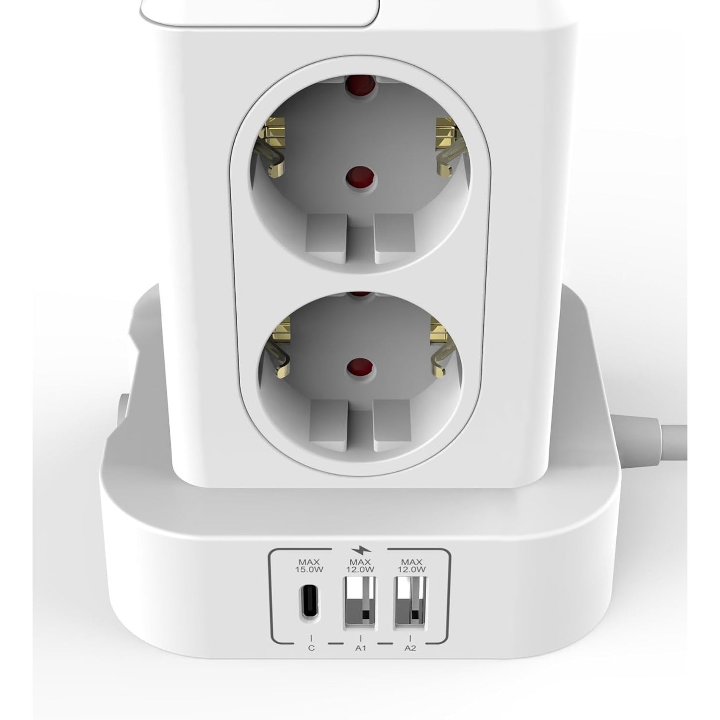 Prelungitor tip turn cu 8 prize si 3 porturi USB, 3680 W 16 A, protectie la supratensiune, indicator LED, cablu de 2m, alb