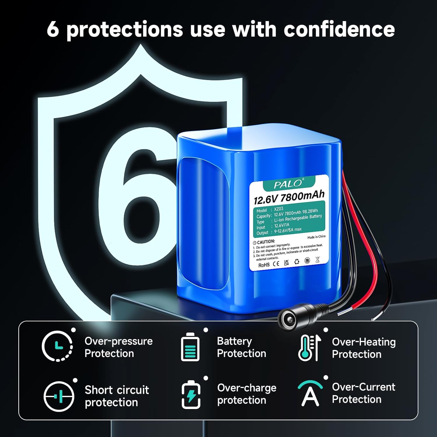 Acumulator 12.6V 7800 mAh, baterie Li-ion cu incarcator, mufe si cablu alimentare mama/tata, suporta incarcare de la panou solar, pentru RC, camere wireless, camere supraveghere, playere portabile, benzi LED, drone, router wireless