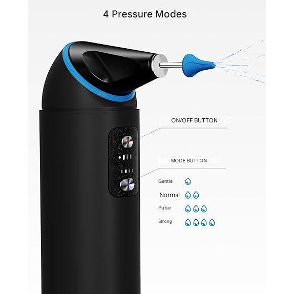 Aparat de curatat urechile, electric, indeparteaza eficient ceara, 55 dB, rezervor de 200 ml, cu 4 moduri irigare, impermeabil IP65, baterie reincarcabila de 2000 mAh, cap rotativ la 360°, cu 8 capete de schimb si 2 duze