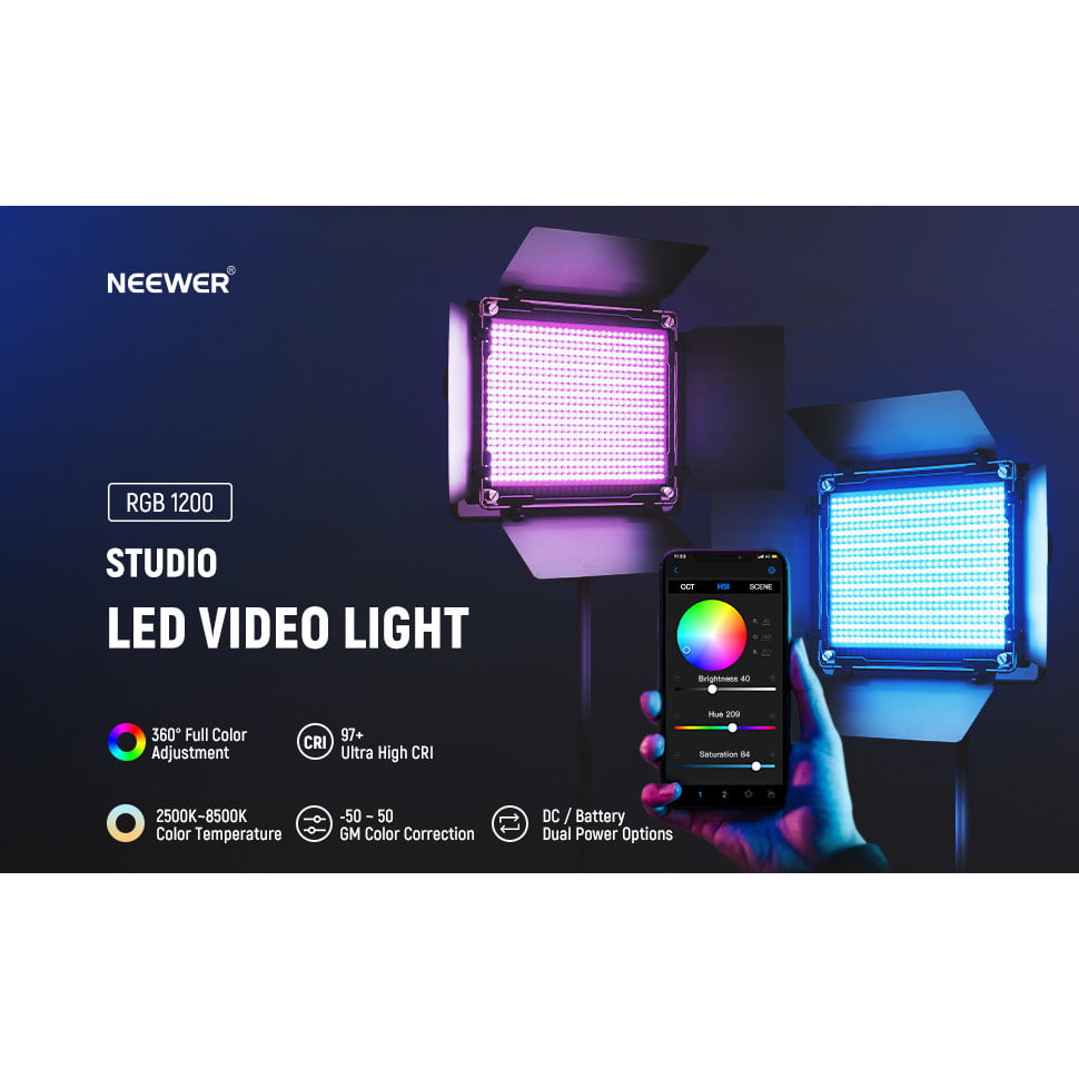 Lumina continua LED RGB cu control aplicatie si 2.4G, 22.000 Lux@0,5m, CRI 97+ / TLCI 98+ / 2500K-8500K, 18 moduri de scena, ajustare culoare 360°, din aliaj de aluminu, Neewer
