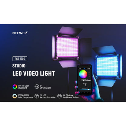 Lumina continua LED RGB cu control aplicatie si 2.4G, 22.000 Lux@0,5m, CRI 97+ / TLCI 98+ / 2500K-8500K, 18 moduri de scena, ajustare culoare 360°, din aliaj de aluminu, Neewer