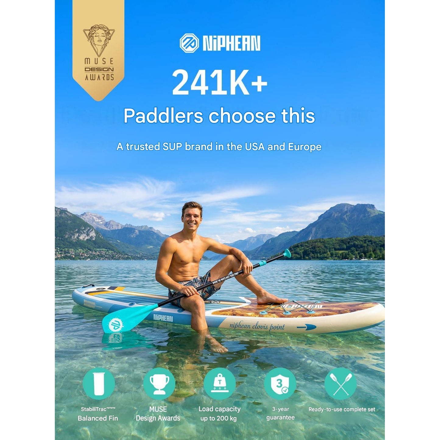 Placa Stand Up Paddle gonflabila Niphean 320 cm, set SUP complet pentru surf, caiac si agrement, cu scaun caiac, vasla reglabila si pompa, capacitate 200 kg, PVC rezistent, platforma EVA antiderapanta, pentru adulti si incepatori