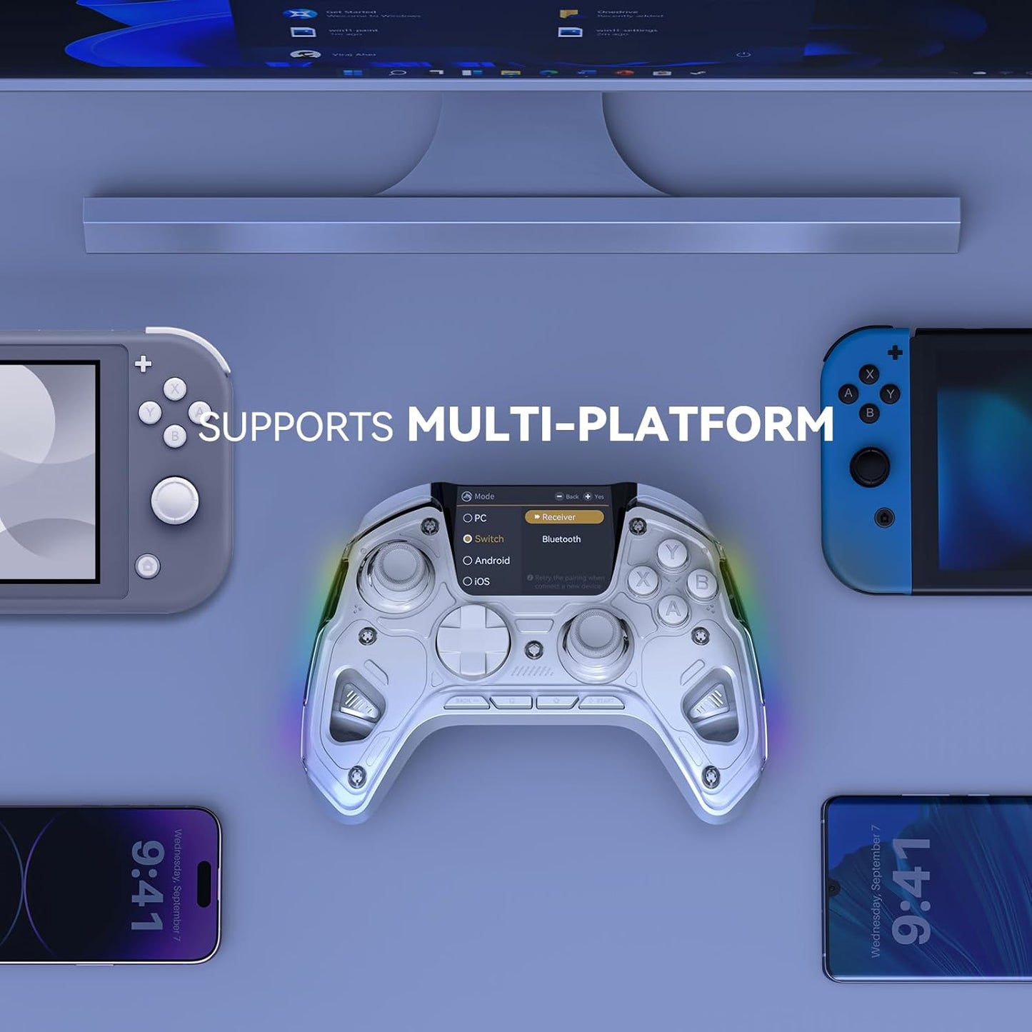 Controler wireless cu programare, display interactiv, butoane microswitch, joystick cu Hall Efect, lumini LED RGB, pentru PC, Switch, iOS, Android