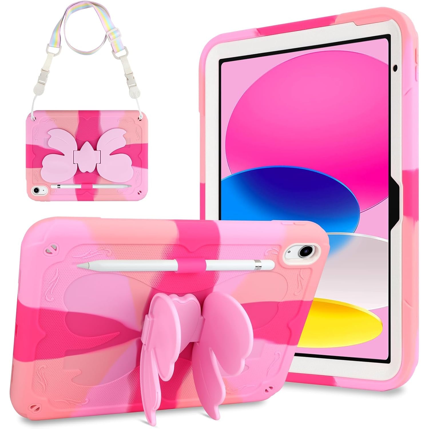 Husa de protectie pentru iPad Gen11, 11inch 2025 A16 si Gen 10, 10,9 inch 2022, cu stand stil fluture, suport pix, margini intarite, curea de umar, carcasa rezistenta la socuri, roz