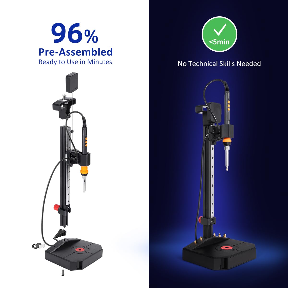 Instrument profesional de insertie termica PRO Heat Set 90W, kit complet topire insertii filetate, ghidaj liniar 210 mm, suport reglabil pe inaltime, afisaj digital 180-500°C, set 30 insertii M3 + 6 varfuri M2-M8, pentru imprimare 3D PLA/ABS/PETG