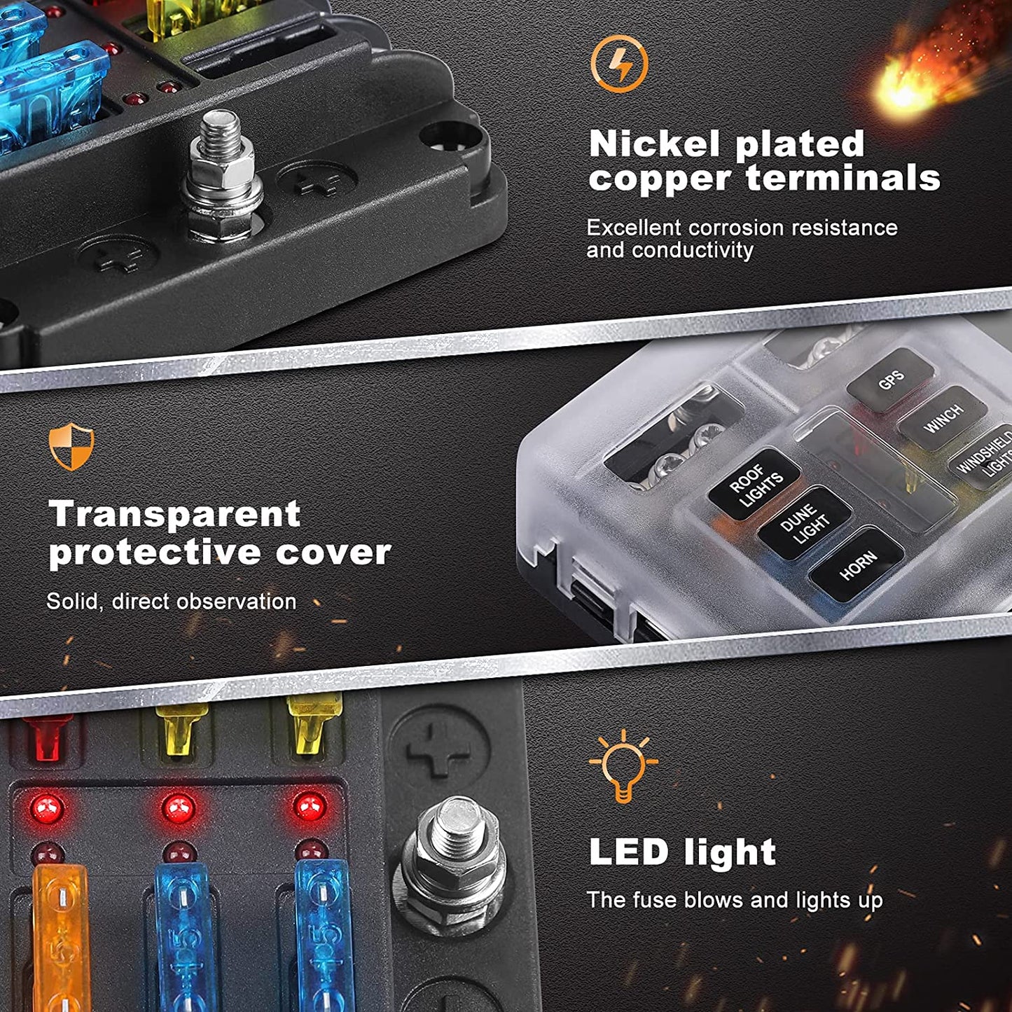 Set panou sigurante auto cu 6 iesiri, 12 V, cu sigurante 5A 10A 15A 20A cu indicator LED si capac de protectie, pentru masina, rulota, barca, autoutilitara, camion