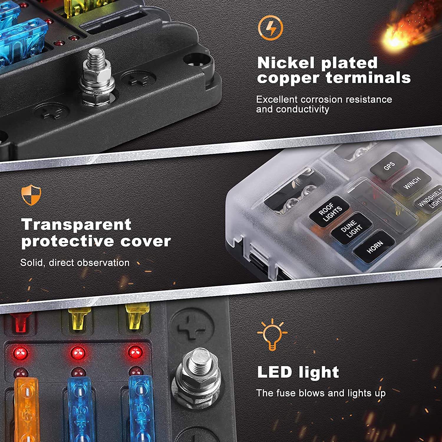 Set panou sigurante auto cu 6 iesiri, 12 V, cu sigurante 5A 10A 15A 20A cu indicator LED si capac de protectie, pentru masina, rulota, barca, autoutilitara, camion
