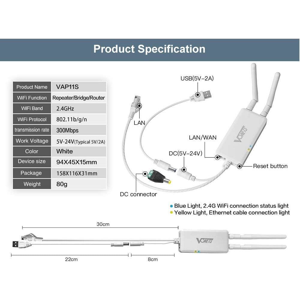 Amplificator Semnal Wireless Vonets, Range Extender Retea Mini Wi-Fi 2.4GHz, cu 2 antene, Transfer 300 Mbps, sursa de alimentare DC, USB, alb, VAP11S