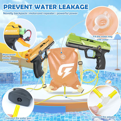 Set pistol cu apa electric, cu 2 pistoale si rezervor tip ghiozdan, bretele ajustabile, raza de 7m, cu acumulator reincarcabil, pentru copii +4 ani