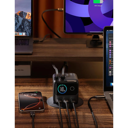Statie Incarcare JOYROOM PODIX 140W GaN, incarcator rapid USB-C 5-in-1 cu 2 cabluri retractabile 100W, design rotativ la 180°, display LCD 1.54”, 3x USB-C + 2x USB-A, compatibil MacBook, iPhone, Samsung