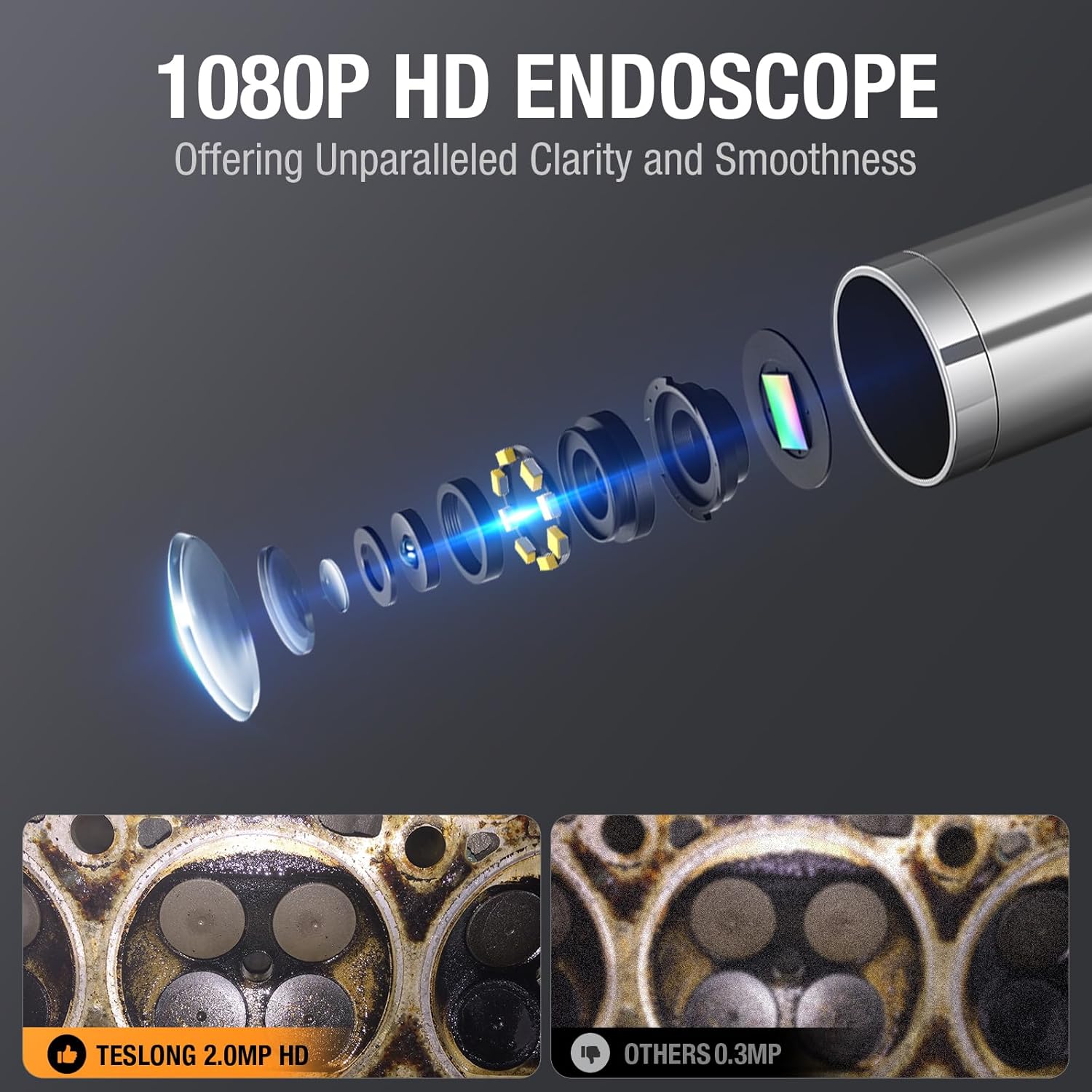 Endoscop industrial, camera de inspectie cu cap rotativ 8.5 mm, lumini LED dimabile, tub semirigid de 1.55 m, compatibil iPhone 15/16 si Android