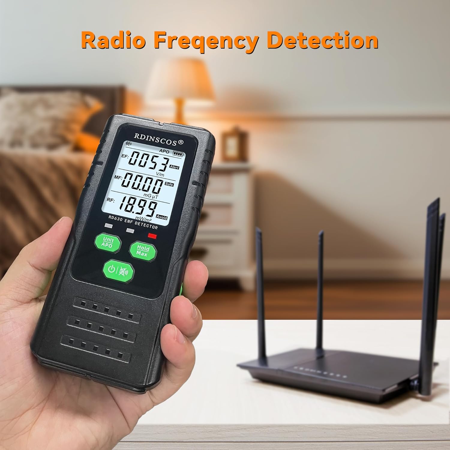 Detector radiatii electromagnetice EMF, MF, RF, digital, cu display LCD iluminat, alarma automata, pentru acasa, birou, in aer liber