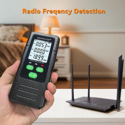 Detector radiatii electromagnetice EMF, MF, RF, digital, cu display LCD iluminat, alarma automata, pentru acasa, birou, in aer liber