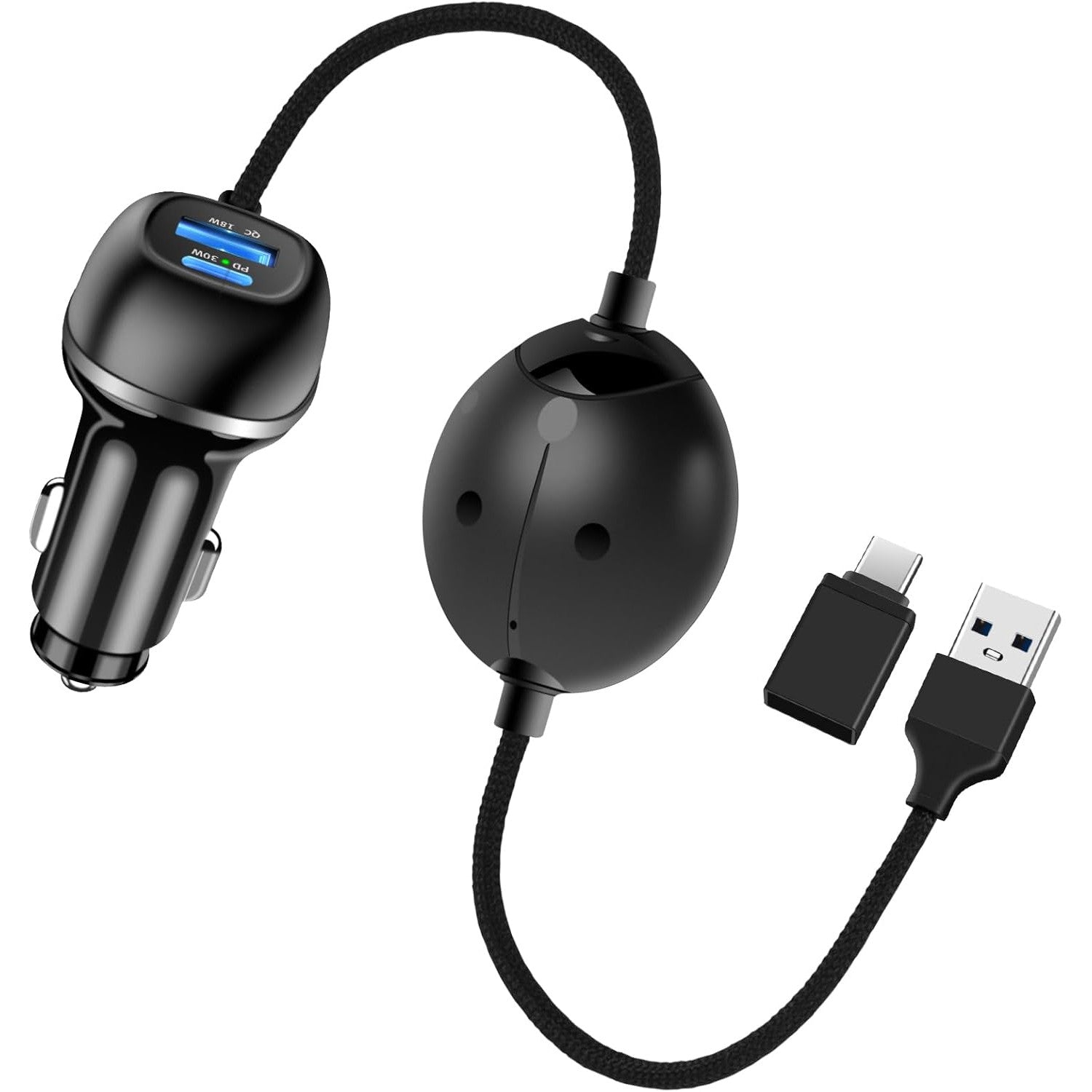 Incarcator auto 3 in 1 cu adaptor auto Apple Carplay si Android Auto, cu 48W Fast Charge USB-C PD si USB-A QC, suporta iPhone iOS 10+ si Android 11+, pentru masini dupa 2015, negru