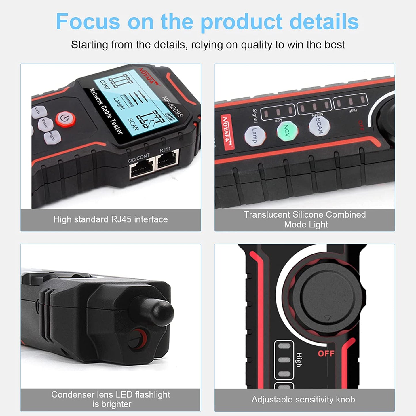 Tester cablu de retea, cu PoE si NCV, test de lungime a cablului UTP CAT 5/ CAT 6, display LCD, incarcare USB-C, lanterna LED si mufa jack