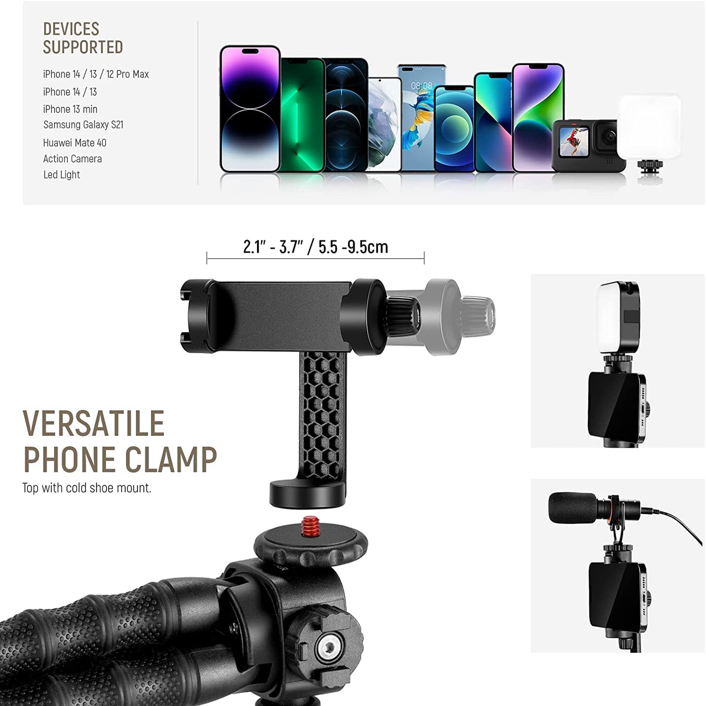 Trepied flexibil cu 2 brate detasabile cu montura cold shoe, cu telecomanda, montura cap rotativ tip bila, sarcina maxima 2 kg, pentru smartphone, video streaming, vlog, inregistrare