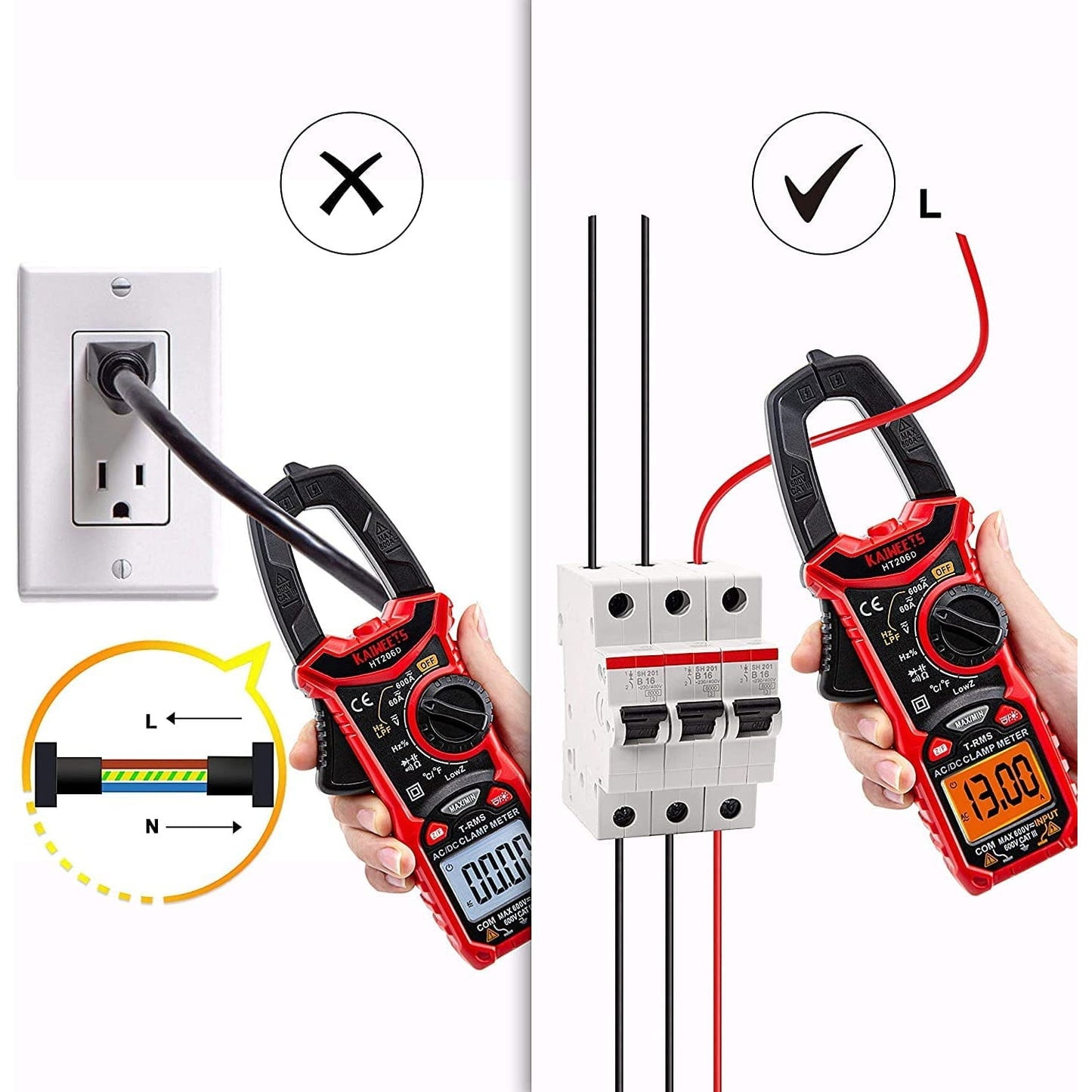 Multimetru digital tip cleste, aparat de masura AC/DC 0 A - 600 A, True RMS, 6000 Counts, CAT III 600 V, Kaiweets HT206D